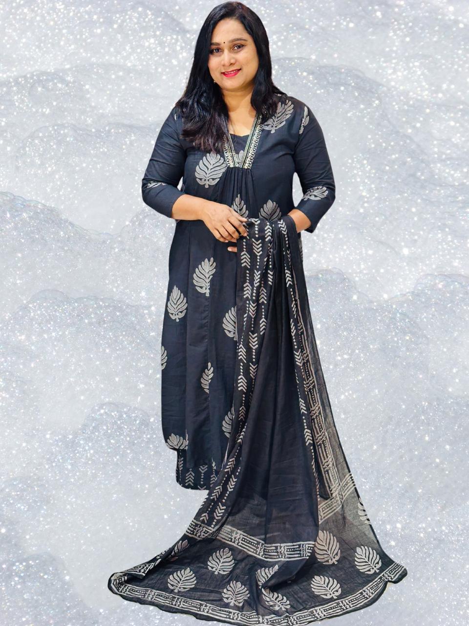 Black Neelam A line Cotton Suit Set