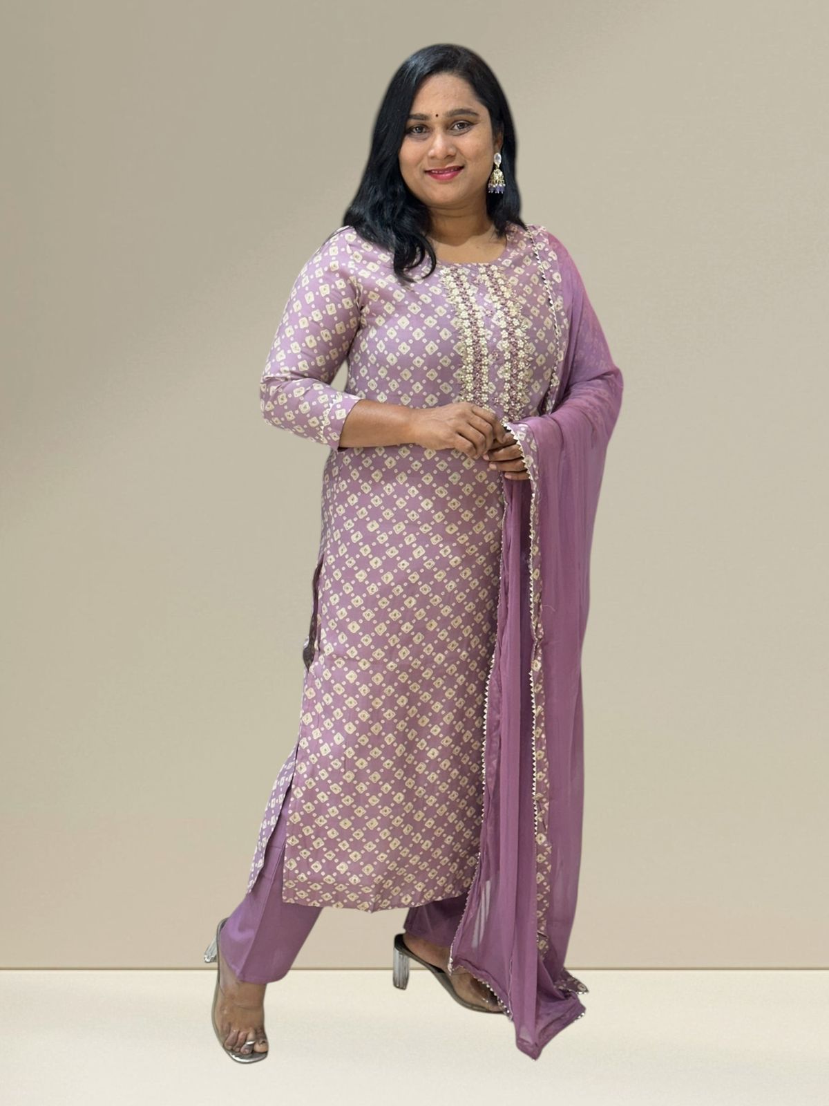 Lavender Bhavna Muslin Bhandini Suit set