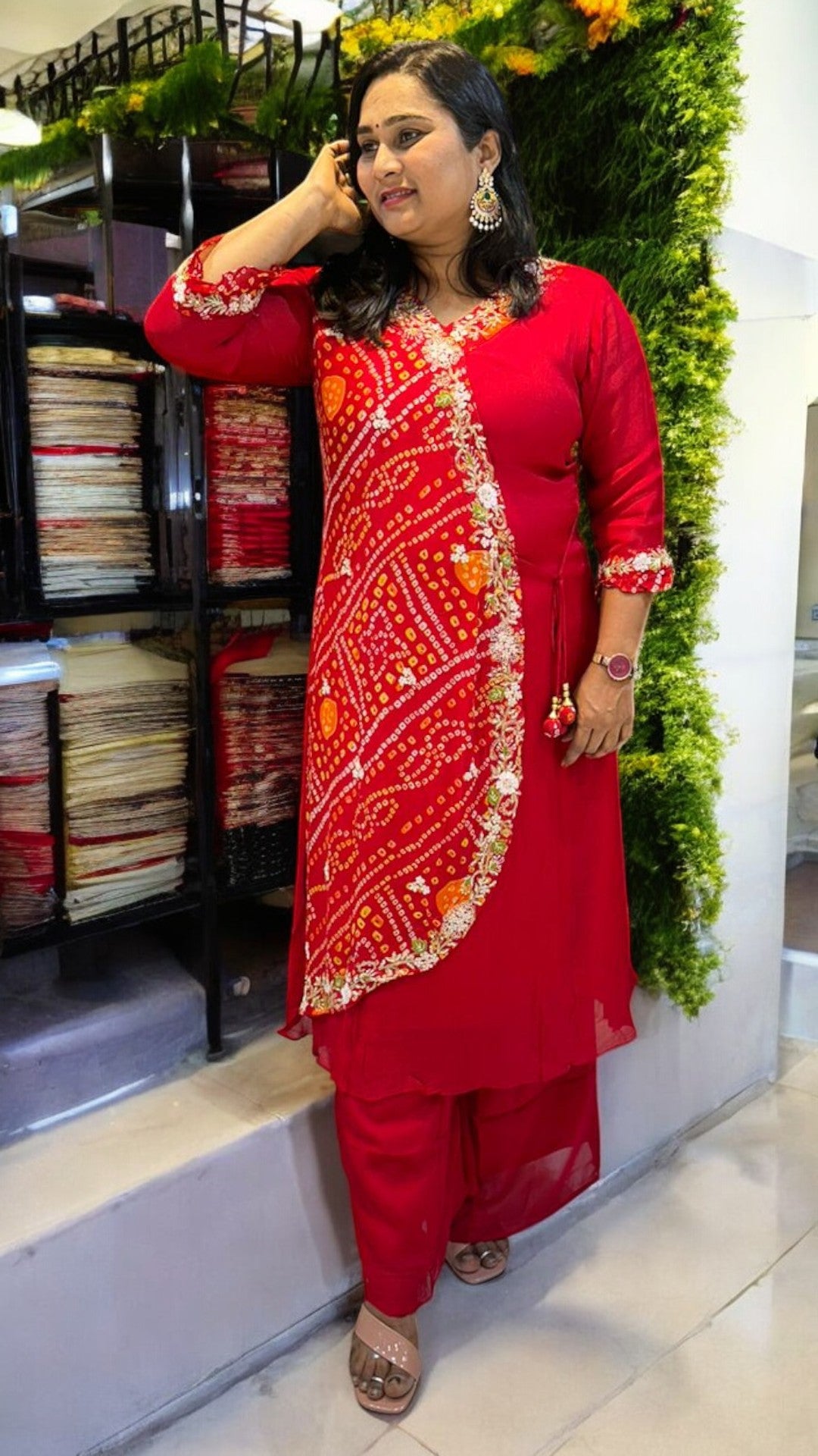 Red Hetal Bhandej Chinon silk Set
