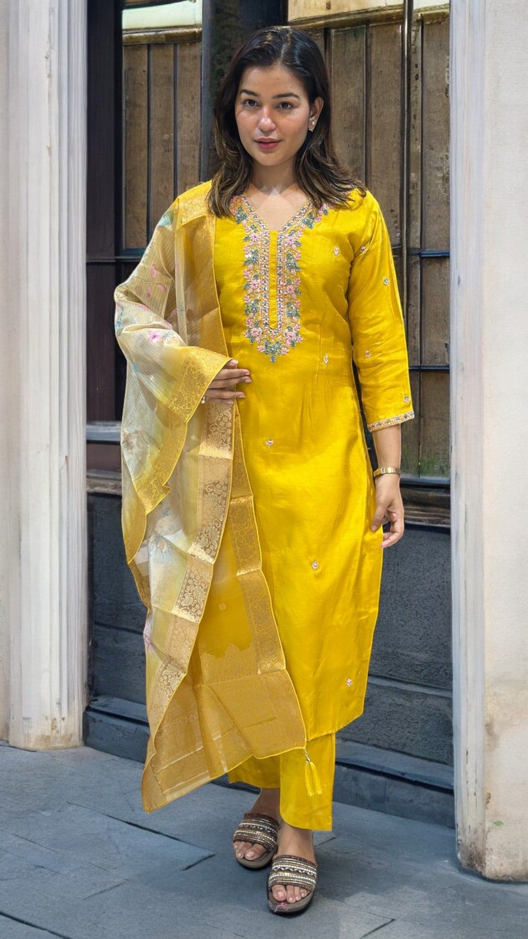 Yellow Puja dola silk Hand embroidery suit set