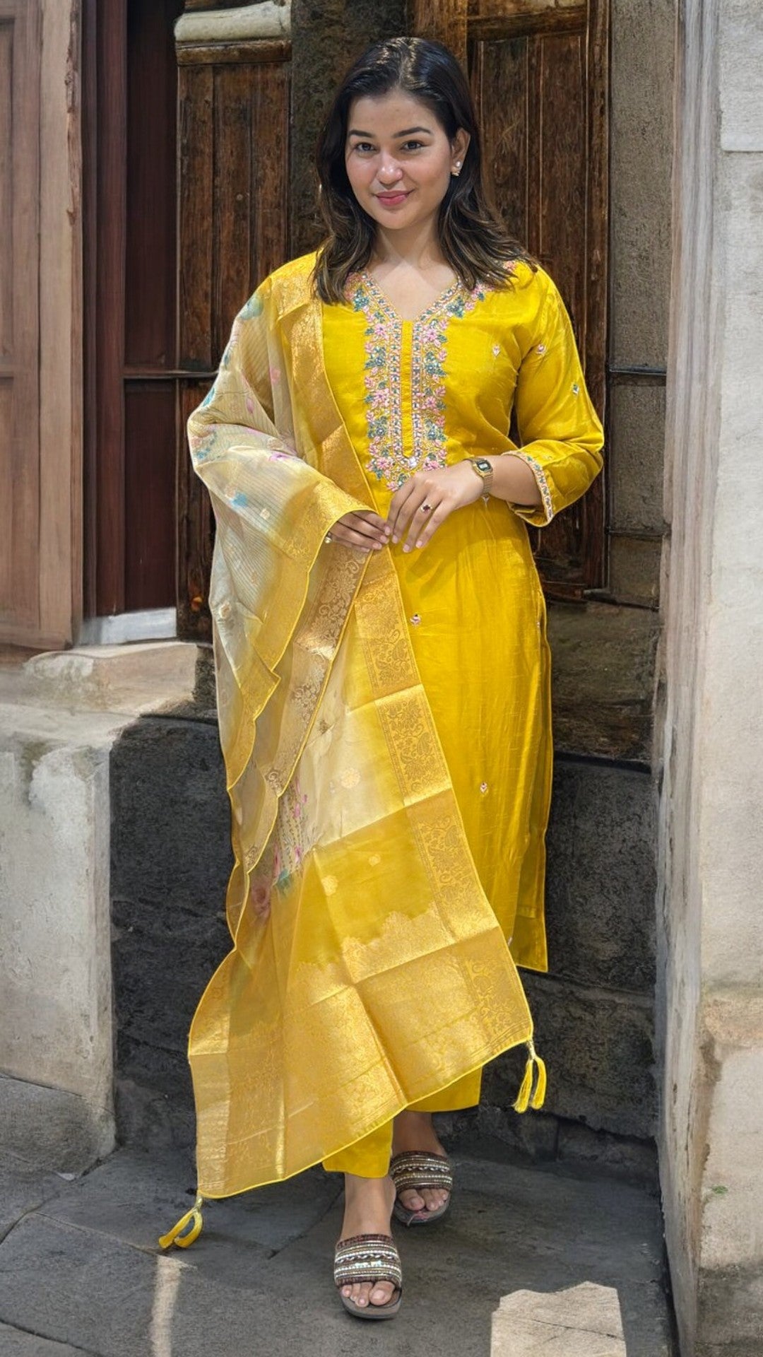 Yellow Puja dola silk Hand embroidery suit set