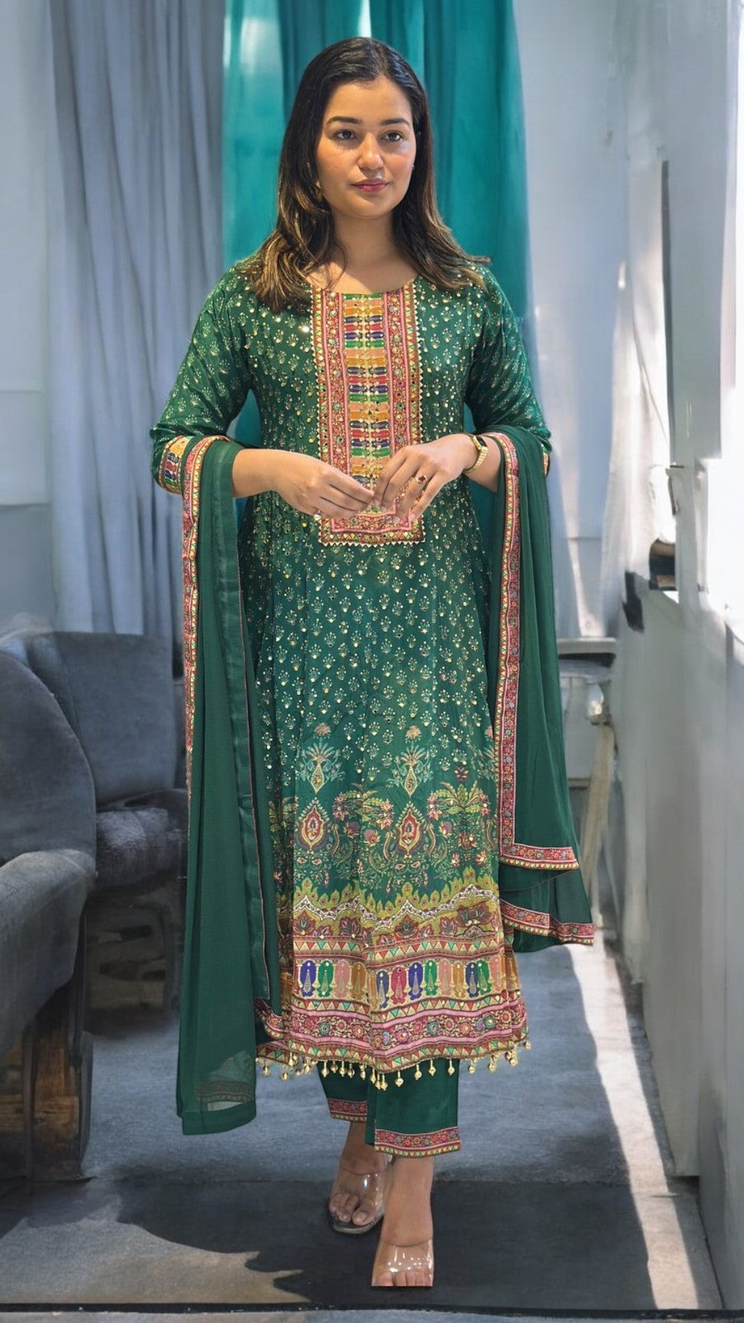 Green Himani Crepe silk Panel Anarkali