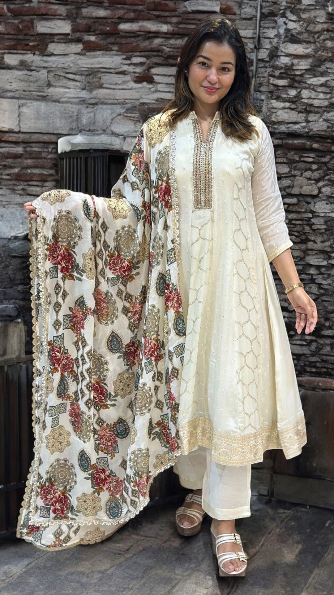 Ivory Nupur chinon silk Panel Anarkali