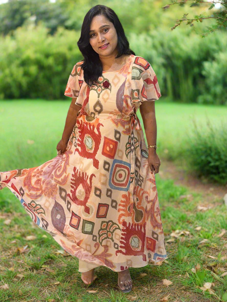Beige Dhara Chiffon Ikkat dress - Gown