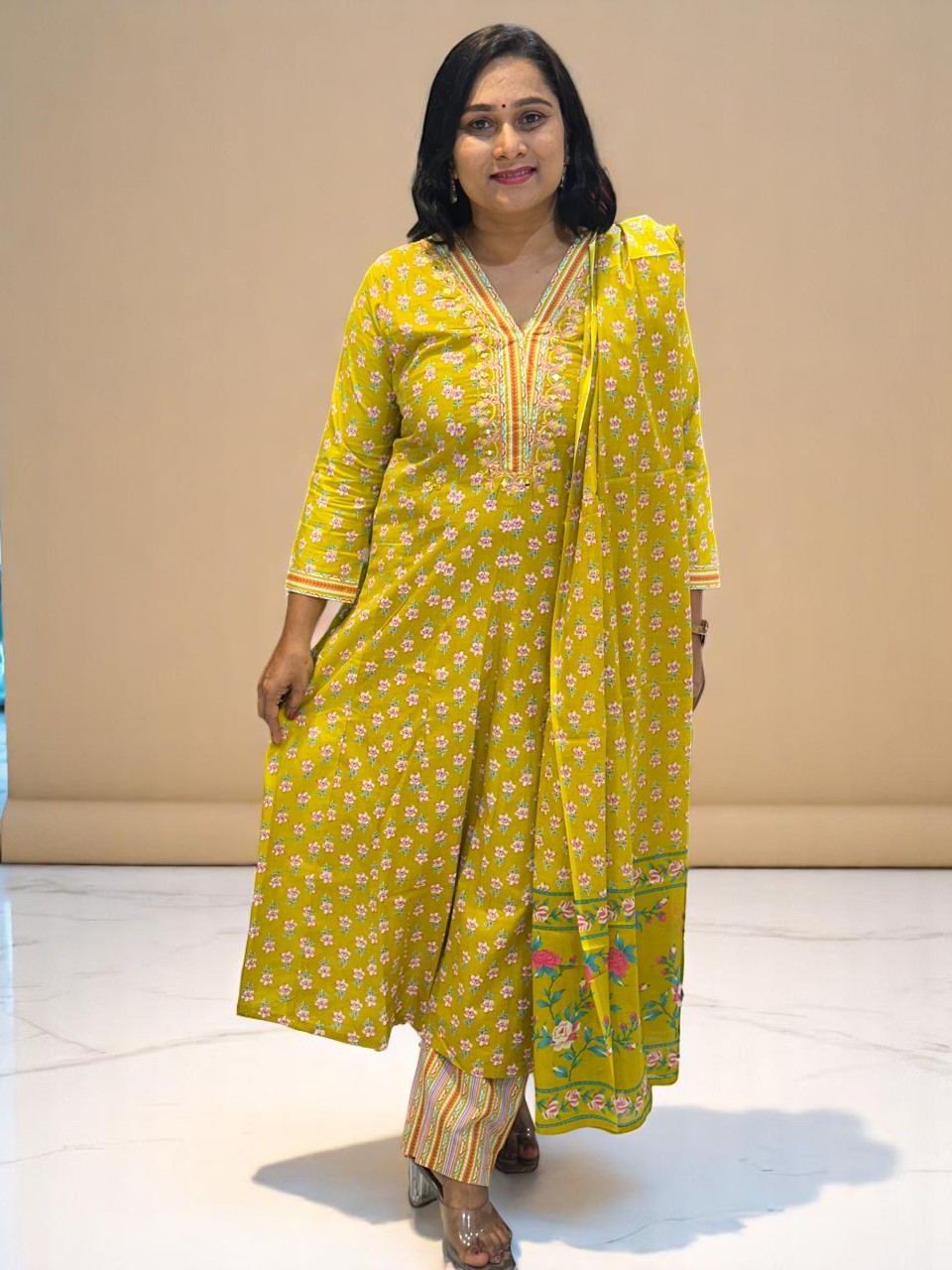 Greenish Yellow Fella Anarkali suit set