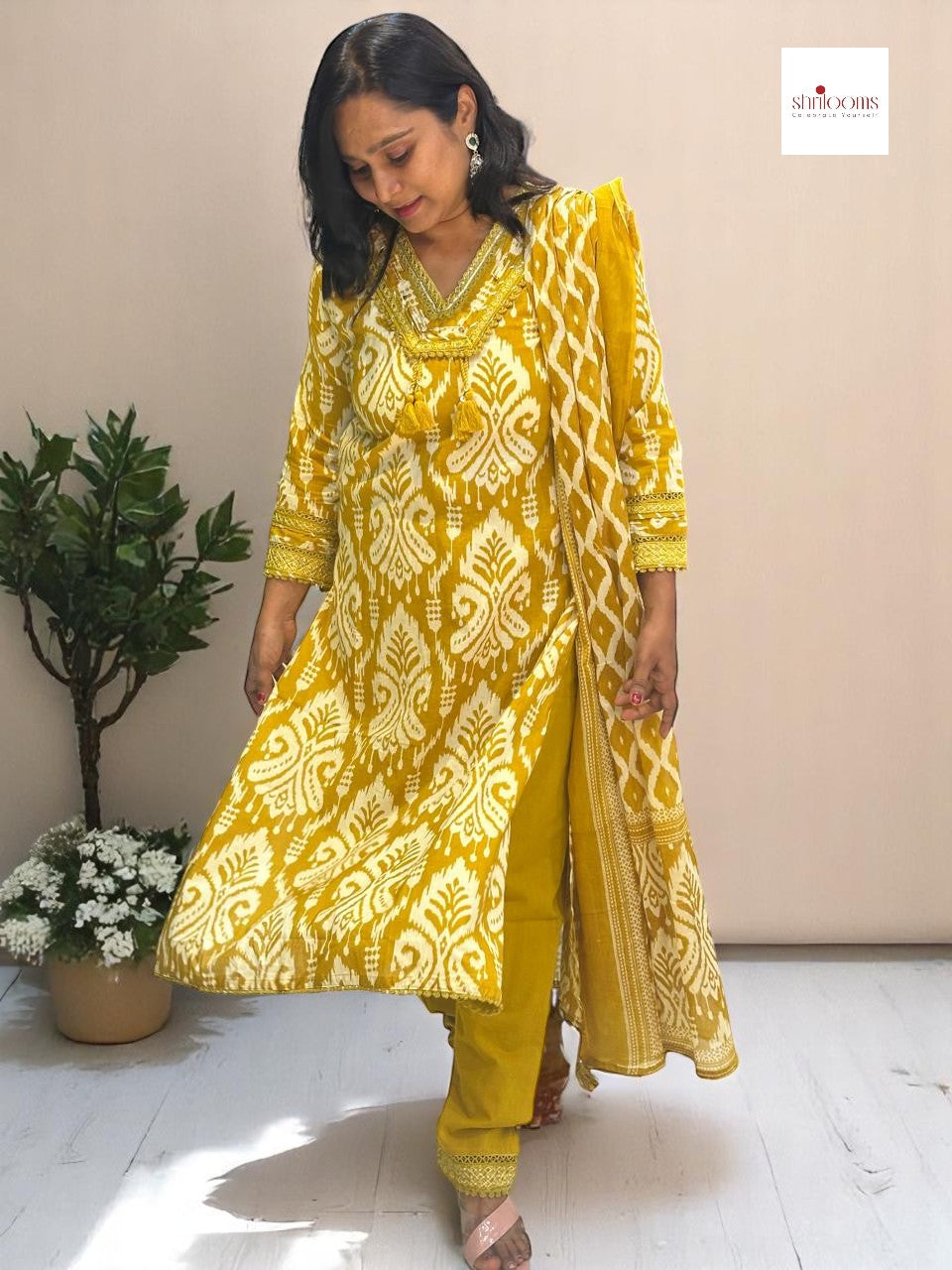 Mustard Prisha Ikkat print cotton suit set