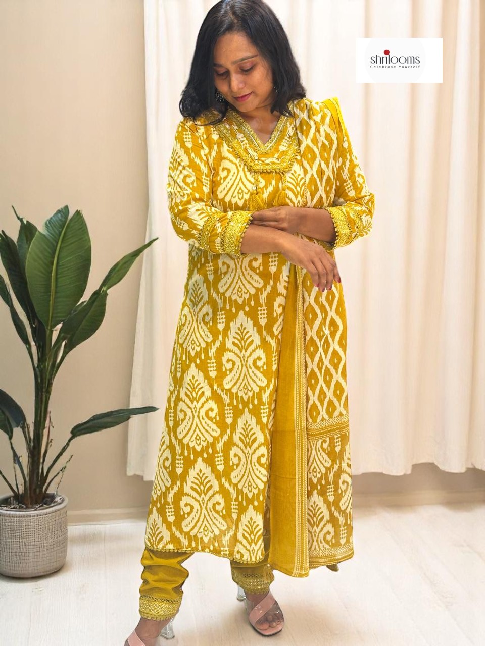 Mustard Prisha Ikkat print cotton suit set