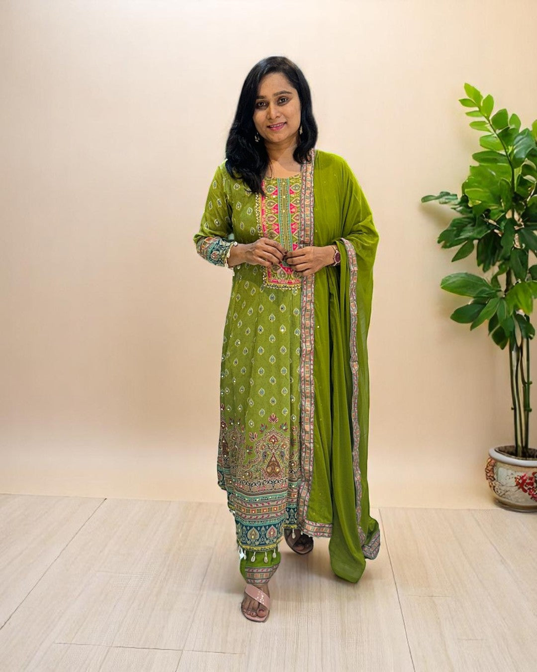 Green Fiza Crepe Anarkali suit set