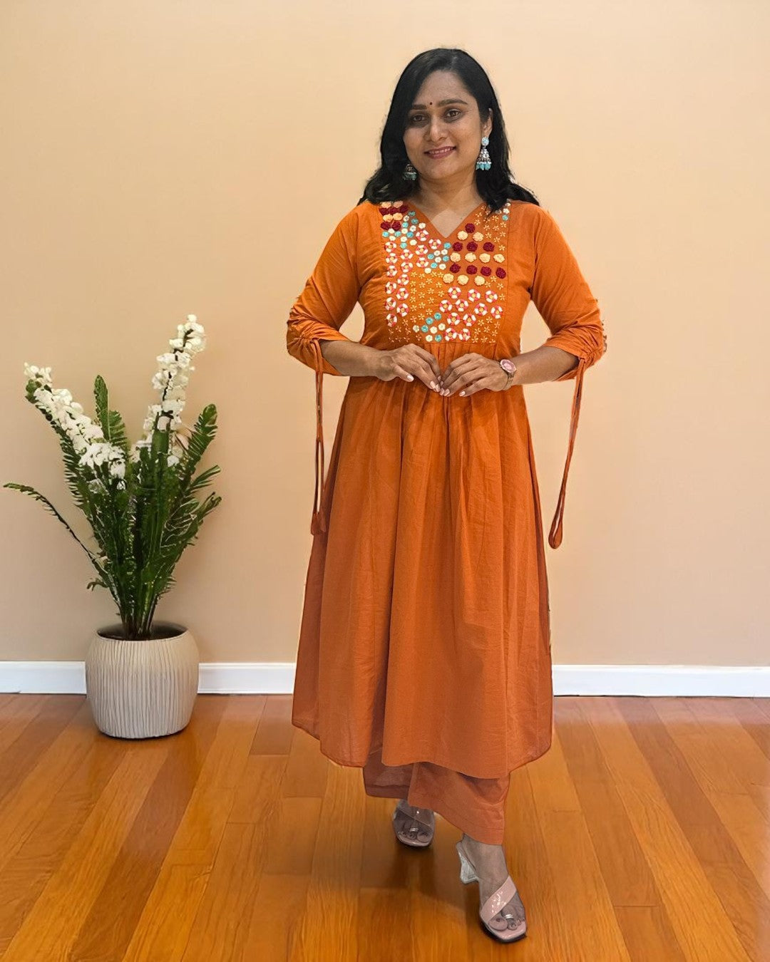Rust Orange Aarna Embroidered Cotton Kurta set