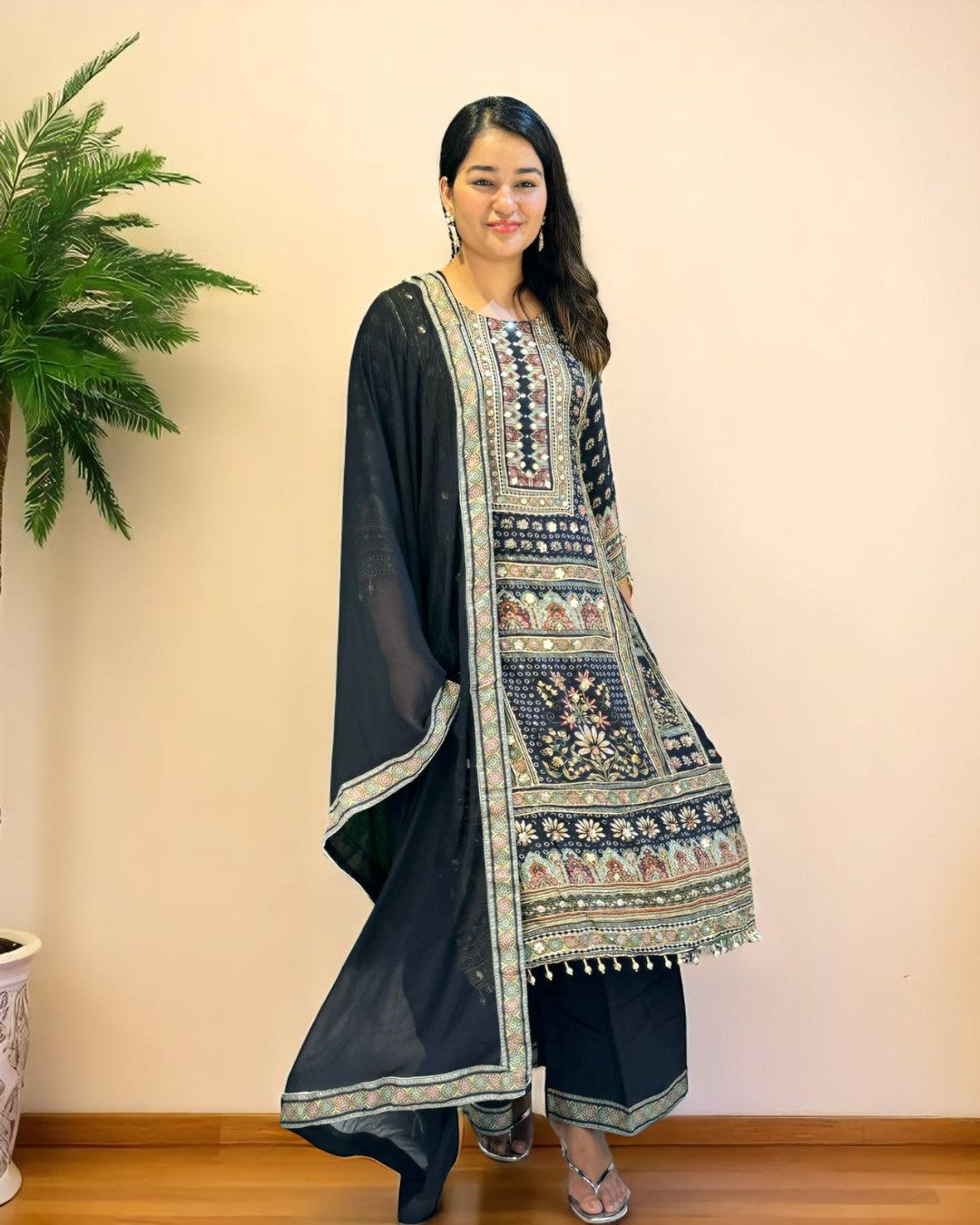 Black Yashita pure crepe Anarkali suit set