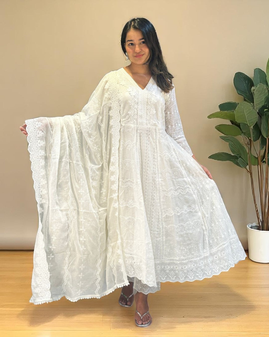 White Veda Schiffli Mul cotton Anarkali suit set