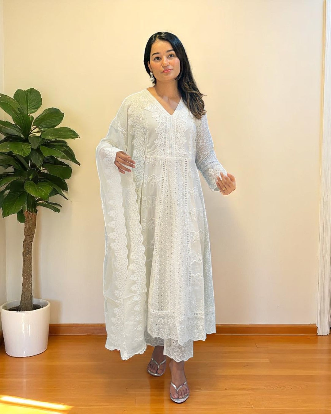 White Veda Schiffli Mul cotton Anarkali suit set