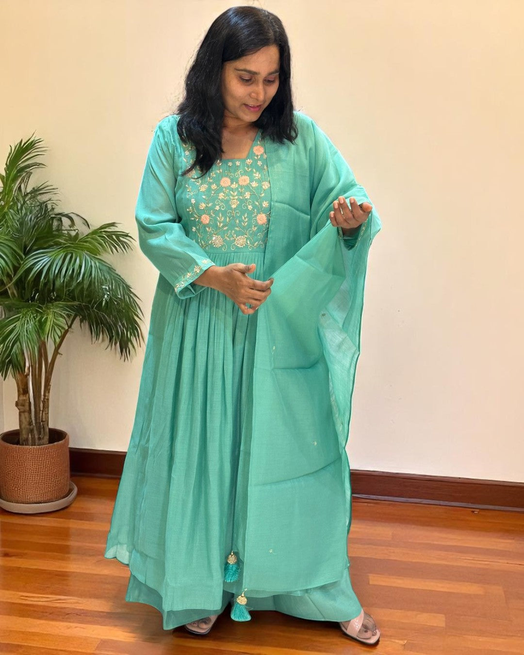 Sea Green Prada Mul Chanderi suit set