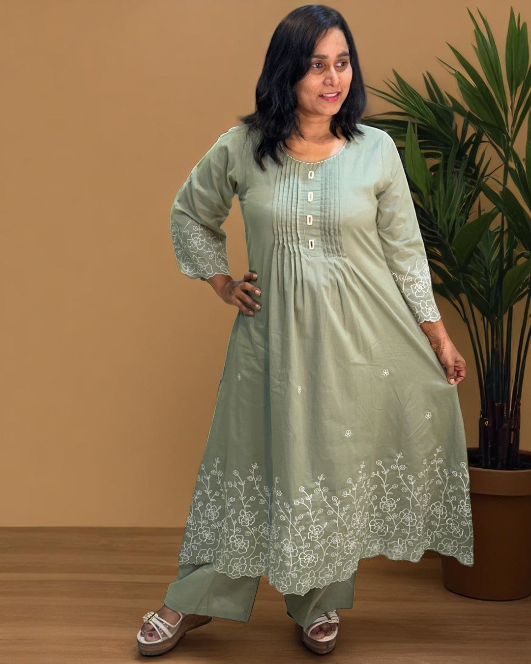 Dusty Green Lina A Line Cotton Kurta set