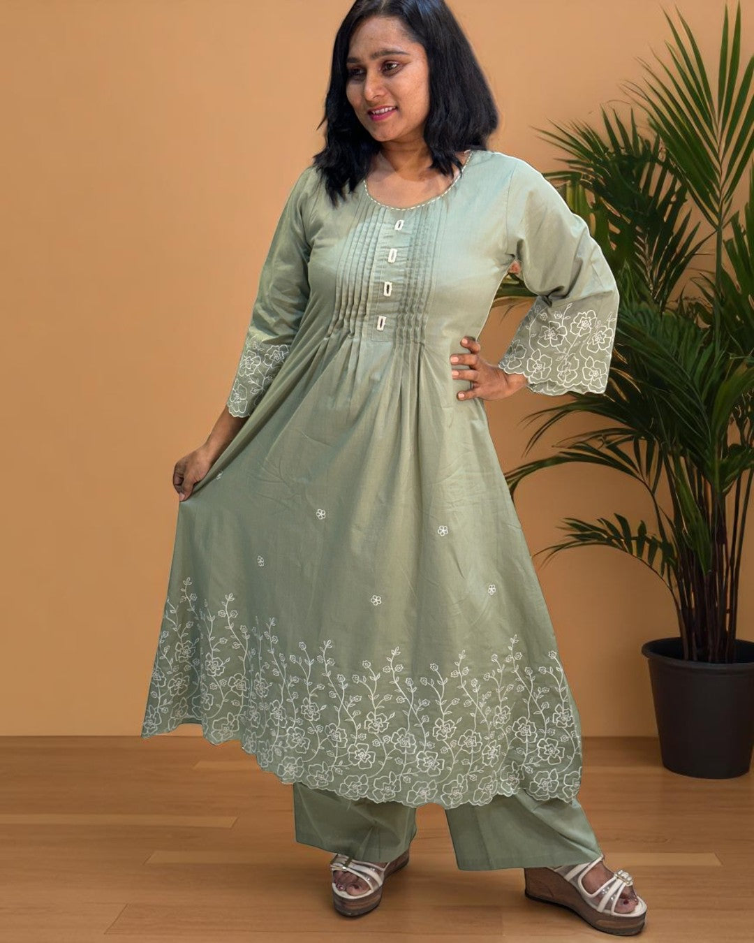 Dusty Green Lina A Line Cotton Kurta set