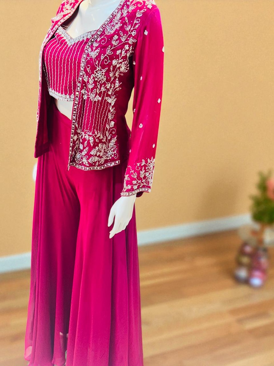 Onion pink Zoya Chinon Silk Handcrafted Crop Top, Jacket Palazzo Set