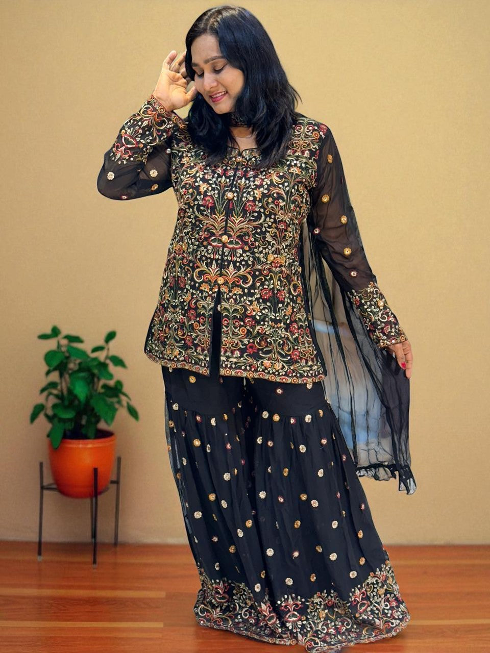 Black Kashmiri Georgette Embroidery sharara Indowestern set