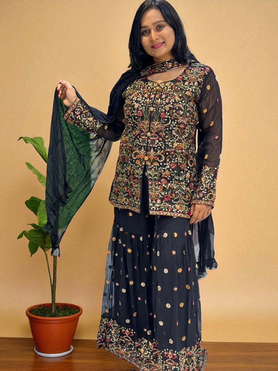Black Kashmiri Georgette Embroidery sharara Indowestern set