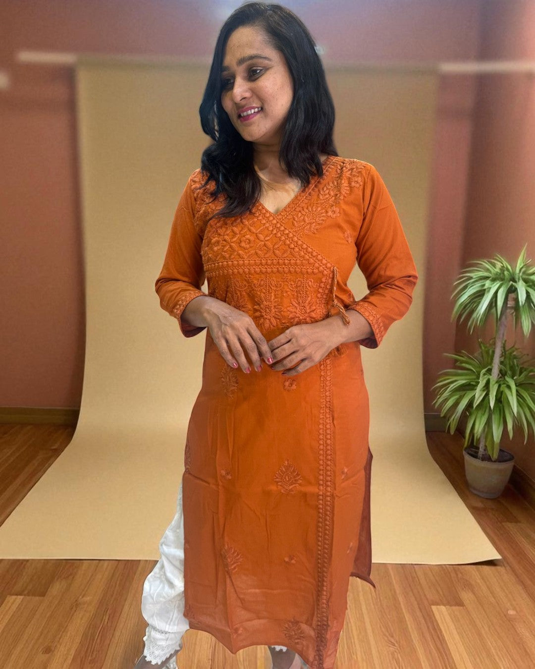 Rust organge Chikankari Cotton Kurta
