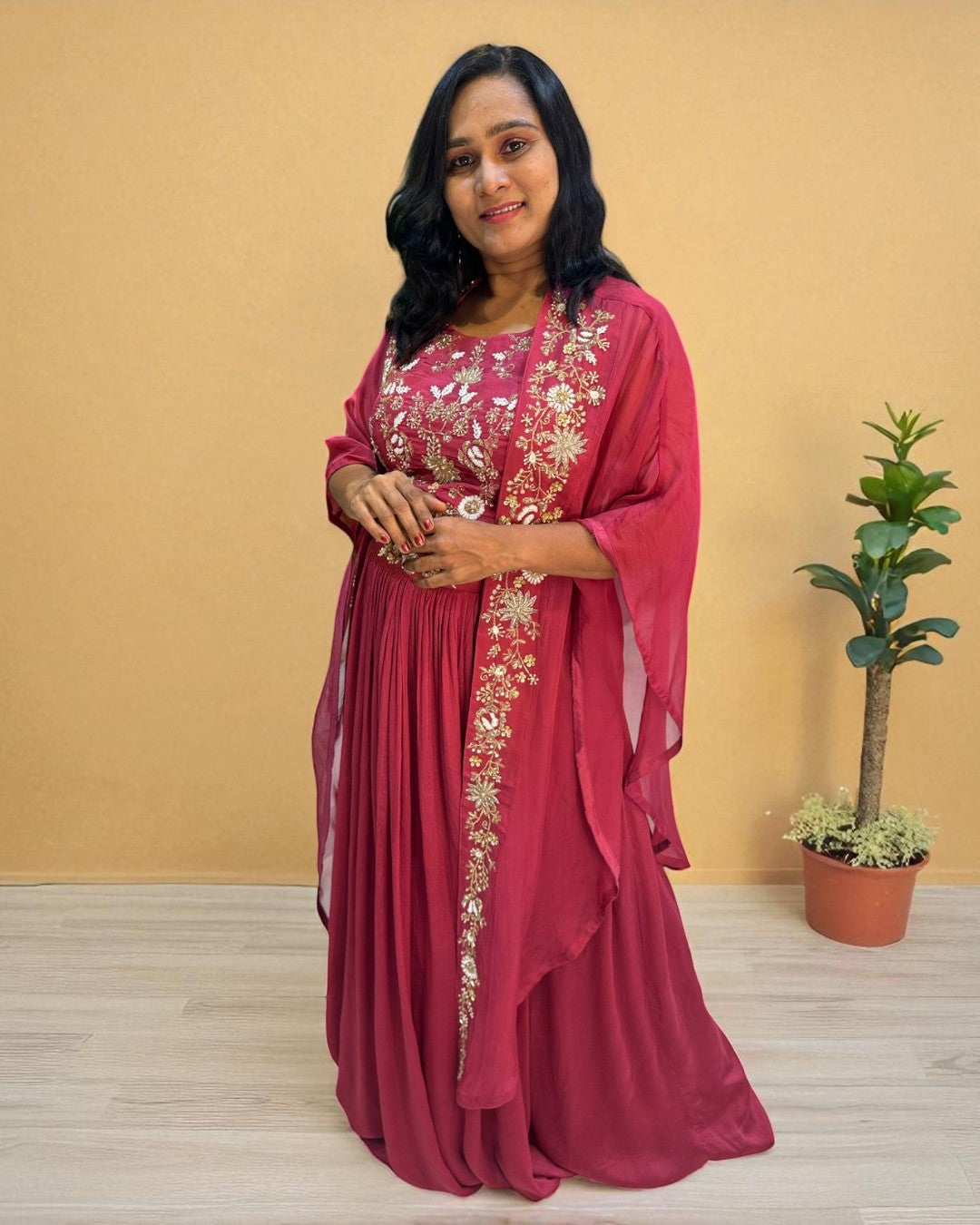Onion Pink Vyoma Handcrafted Chinon silk Crop top, skirt, Jacket- Indo western