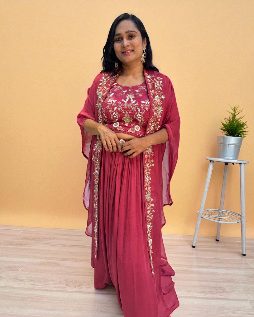 Onion Pink Vyoma Handcrafted Chinon silk Crop top, skirt, Jacket- Indo western