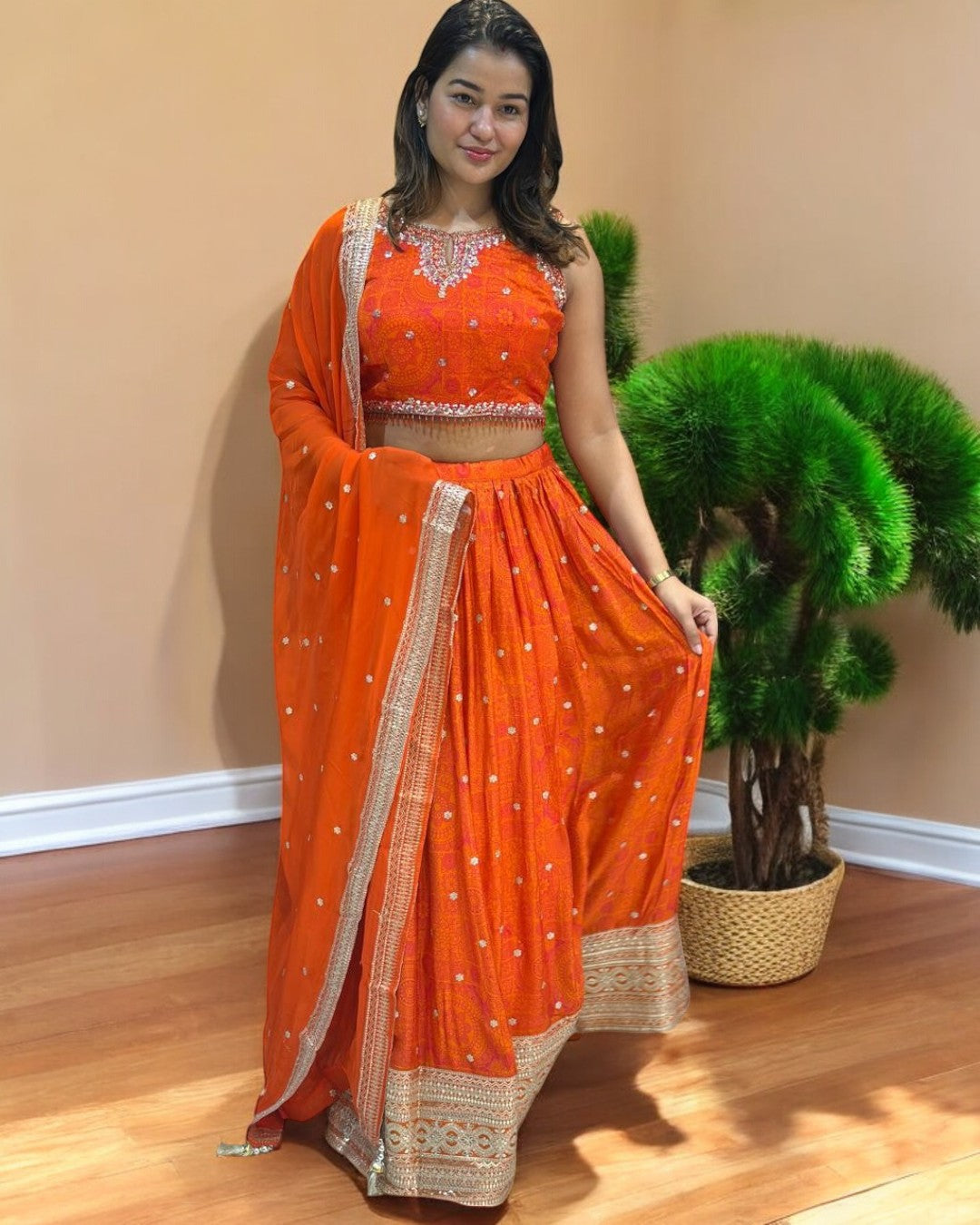 Orange Ila Chinon silk Handcrafted Lehanga