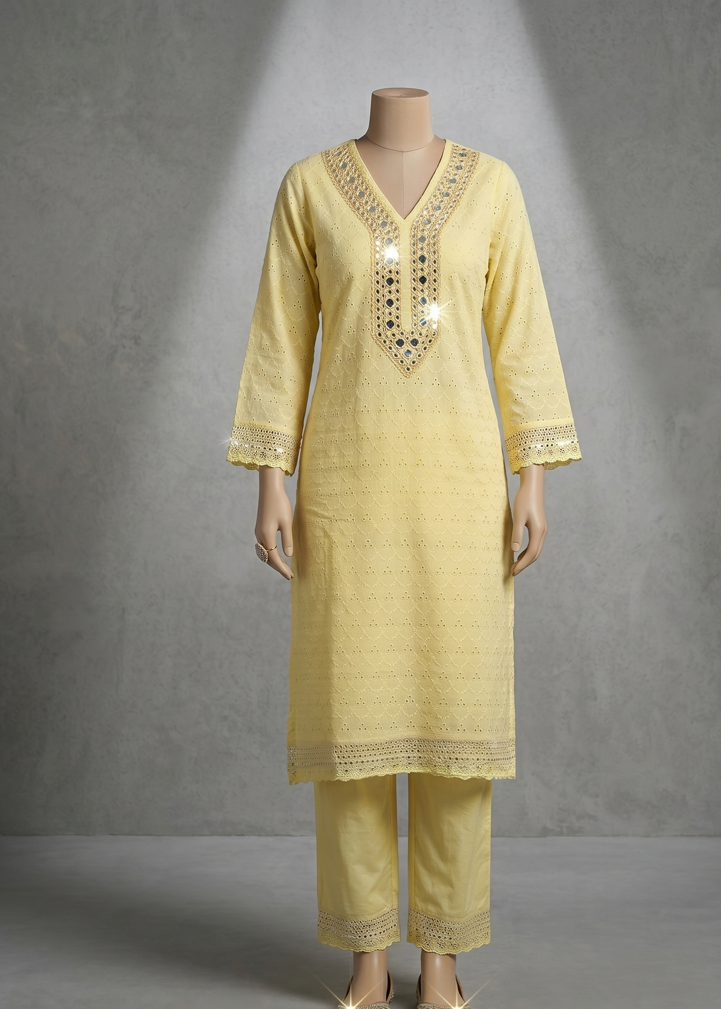 Yellow Dolly Schiffli Mirror Kurta set