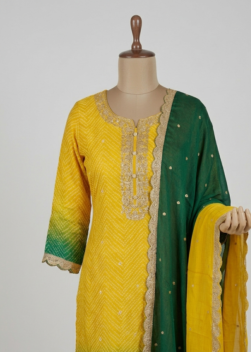 Yellow Green Ombre Kalyani Russian Silk suit set