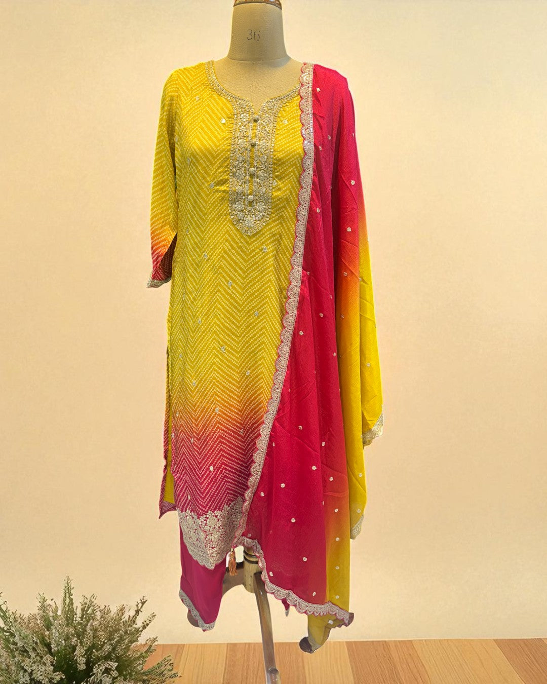 Yellow Red Ombre Kalyani Russian Silk suit set