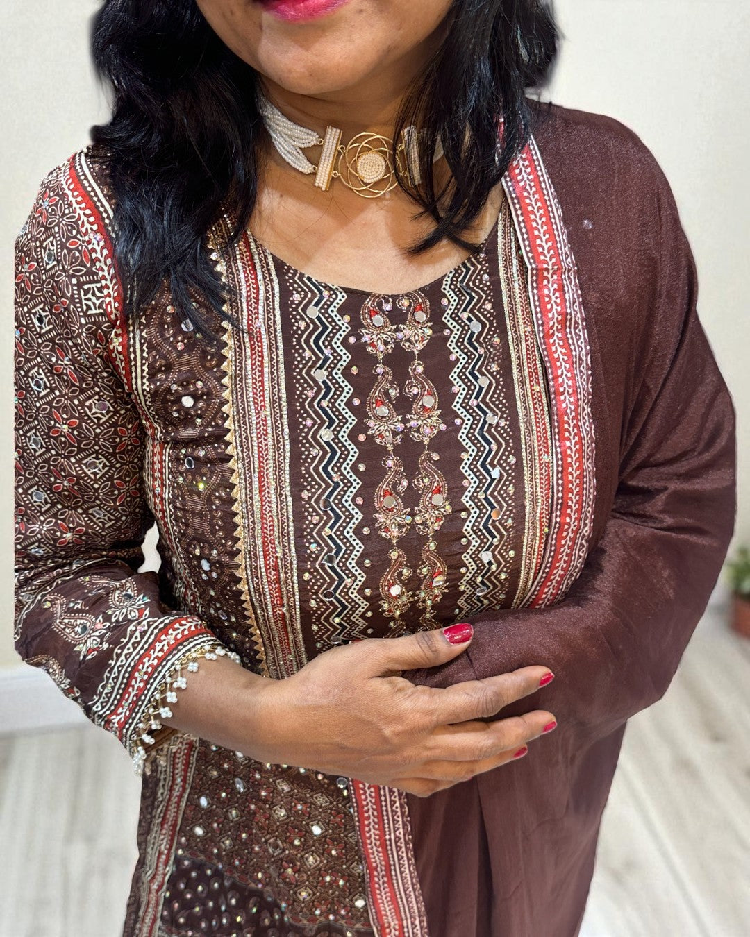 Brown Miral Crepe Short Anarkali -Set of 3