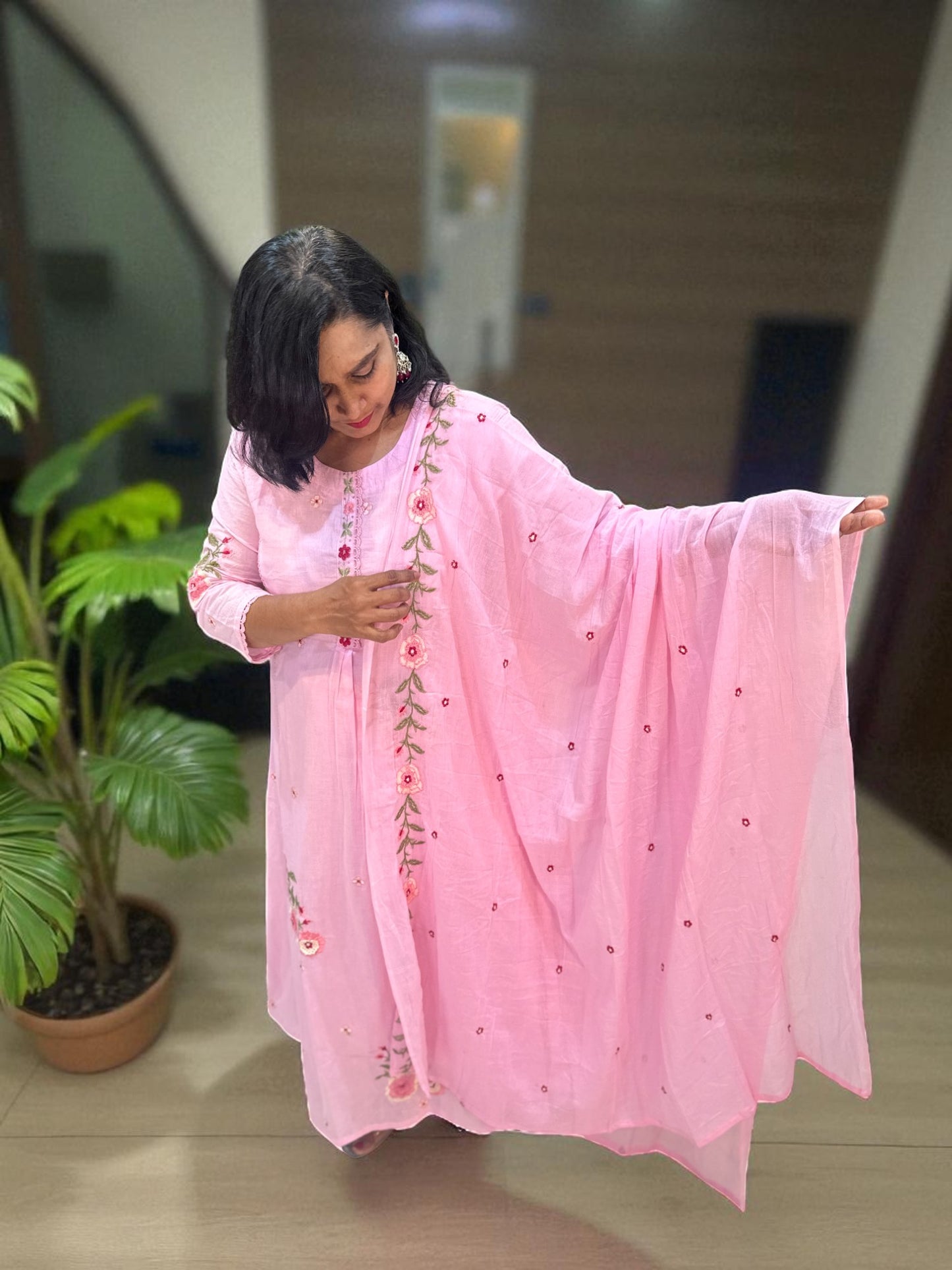 Baby Pink Mira Mul cotton A line suit set