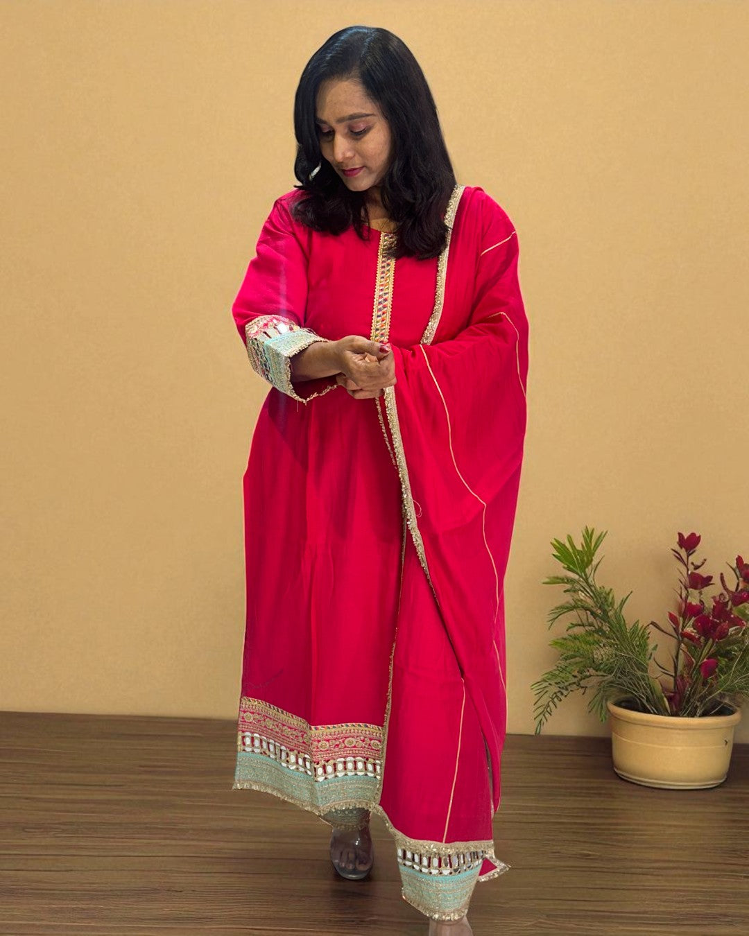 Pink Meena Muslin mirror work Suit set