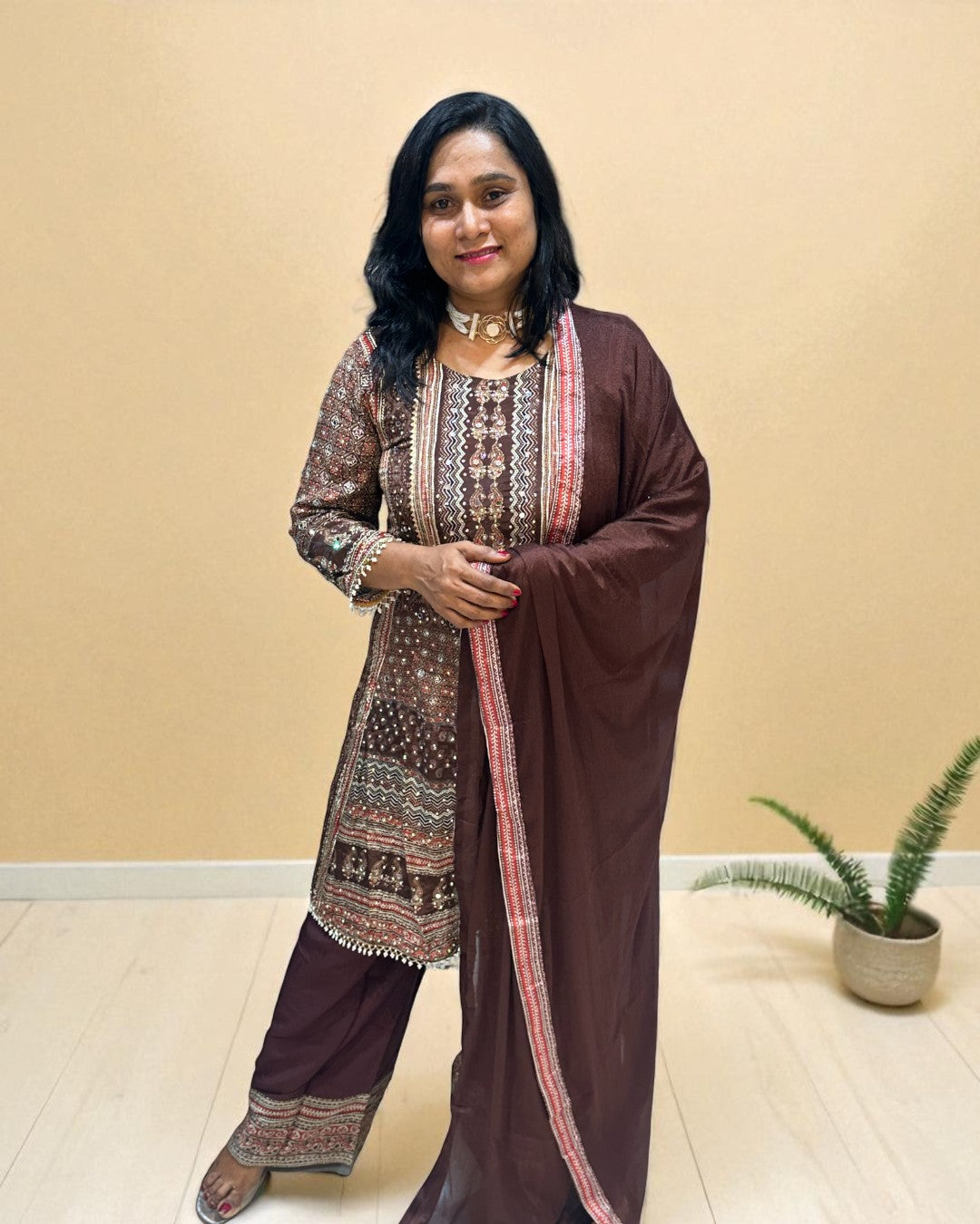 Brown Miral Crepe Short Anarkali -Set of 3