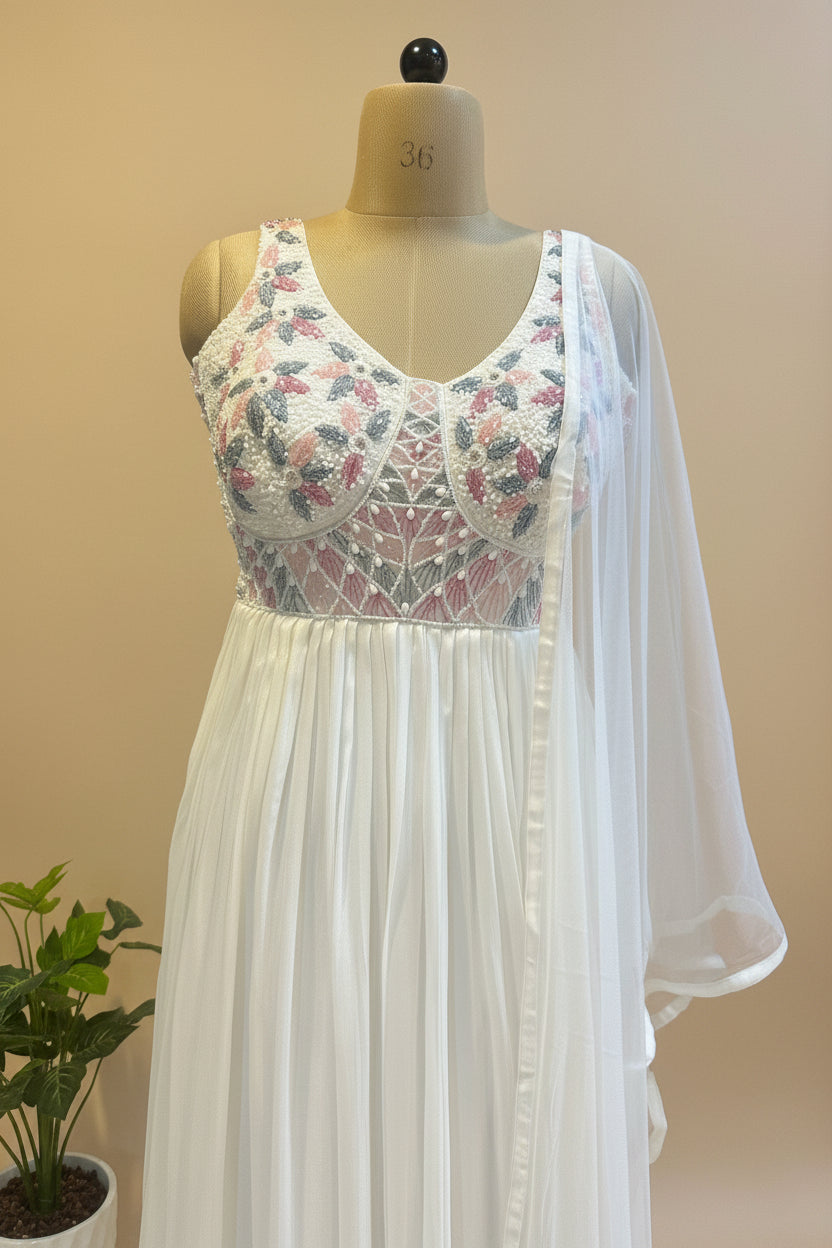 White Amaya chinon silk Anarkali gown with dupatta