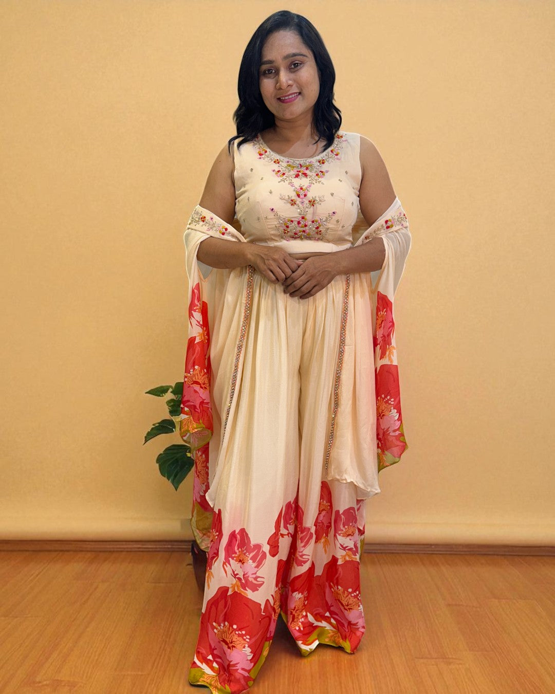 Peach Ishani Chinon silk Indowestern set