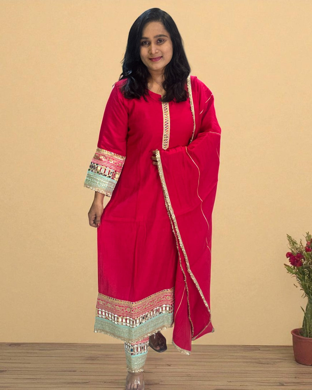Pink Meena Muslin mirror work Suit set