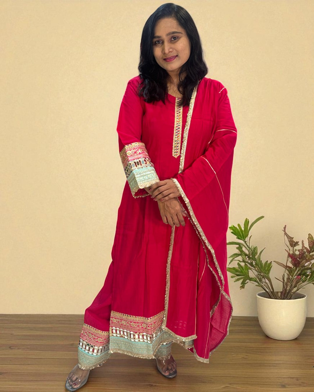 Pink Meena Muslin mirror work Suit set
