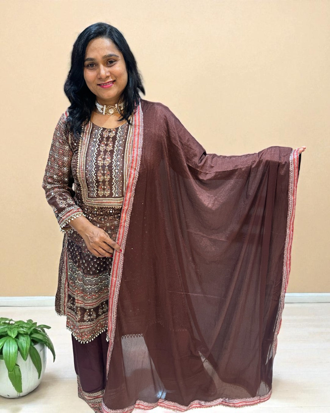 Brown Miral Crepe Short Anarkali -Set of 3