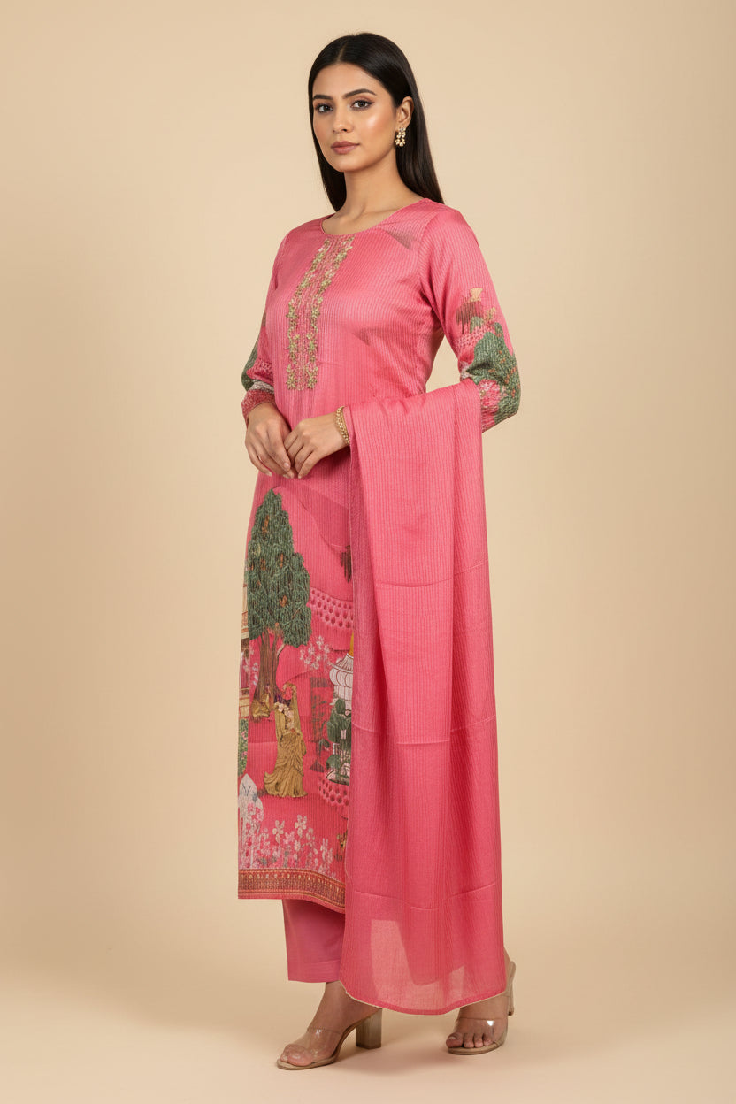 Hot pink Sherin Zari Tissue Pichwai print Suit set - Set of 3