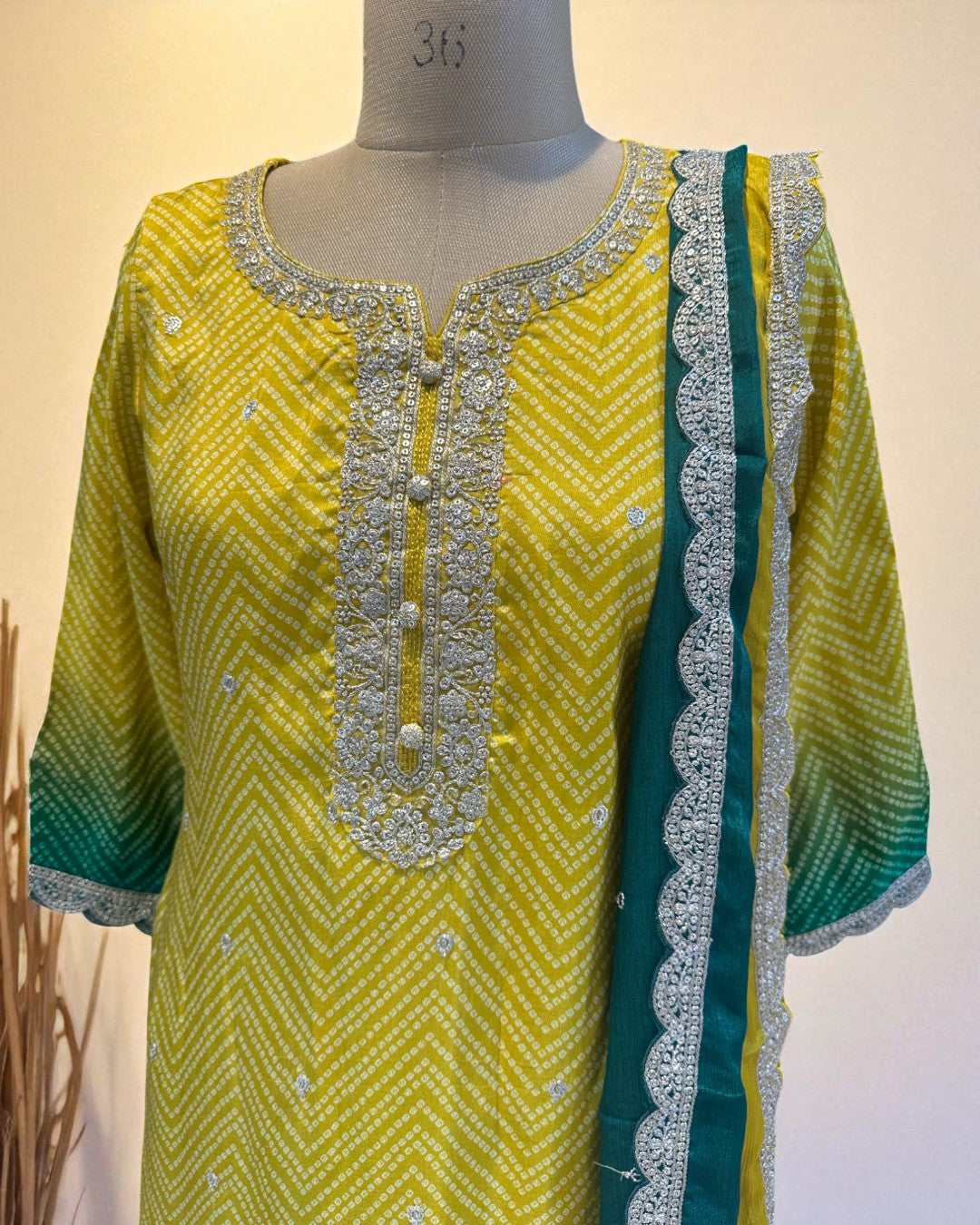 Yellow Green Ombre Kalyani Russian Silk suit set