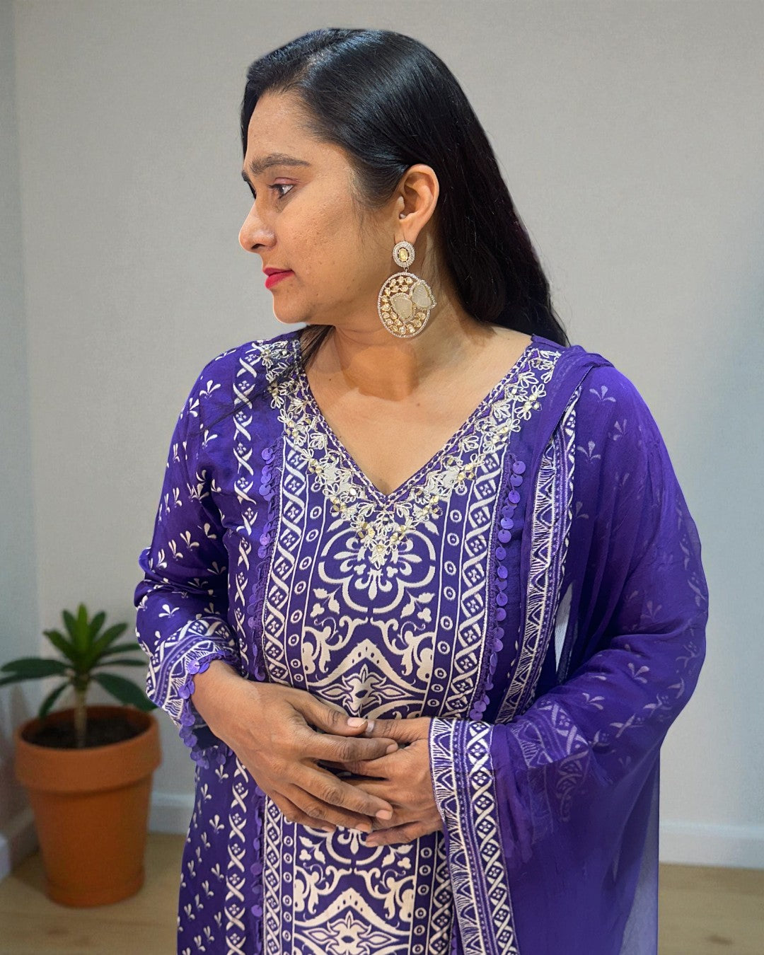 Purple Reena Silk C-cut Suit set - Set of 3