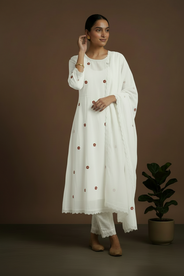 White Jessi Chanderi A Line suit set -  Best seller