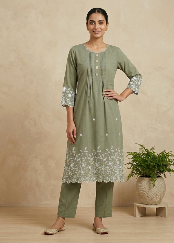 Dusty Green Lina A Line Cotton Kurta set