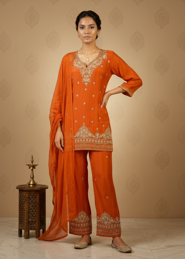 Rust Orange Amina Chinon Short Kurta