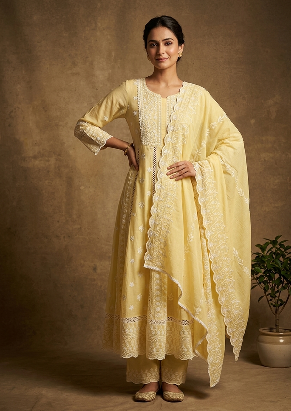 Yellow Mysha Mul Cotton Chikankari Anarkli Suit Set