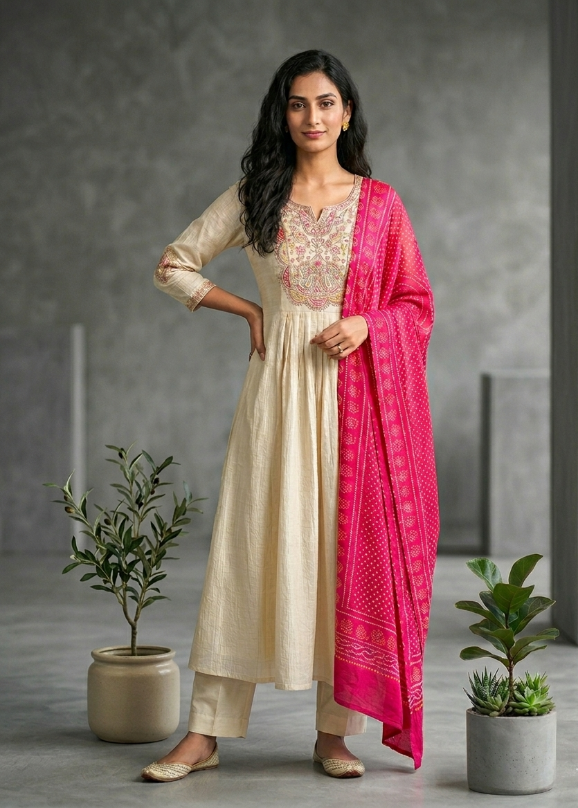 Beige Crushed Tissue Anarkali suit - Set of 3