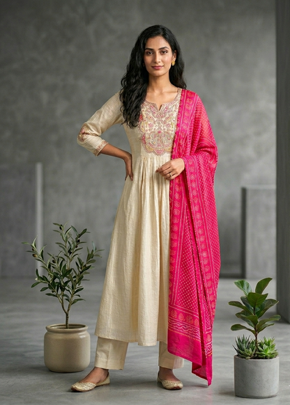 Beige Crushed Tissue Anarkali suit - Set of 3