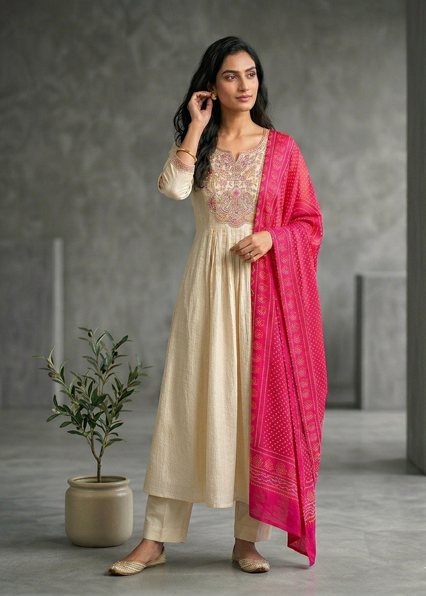 Beige Crushed Tissue Anarkali suit - Set of 3