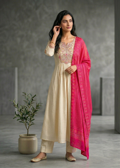 Beige Crushed Tissue Anarkali suit - Set of 3