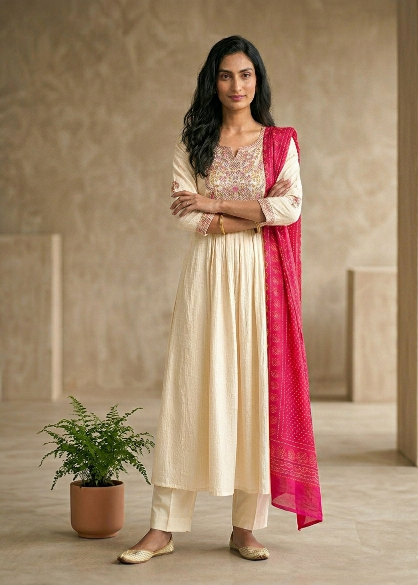 Beige Crushed Tissue Anarkali suit - Set of 3